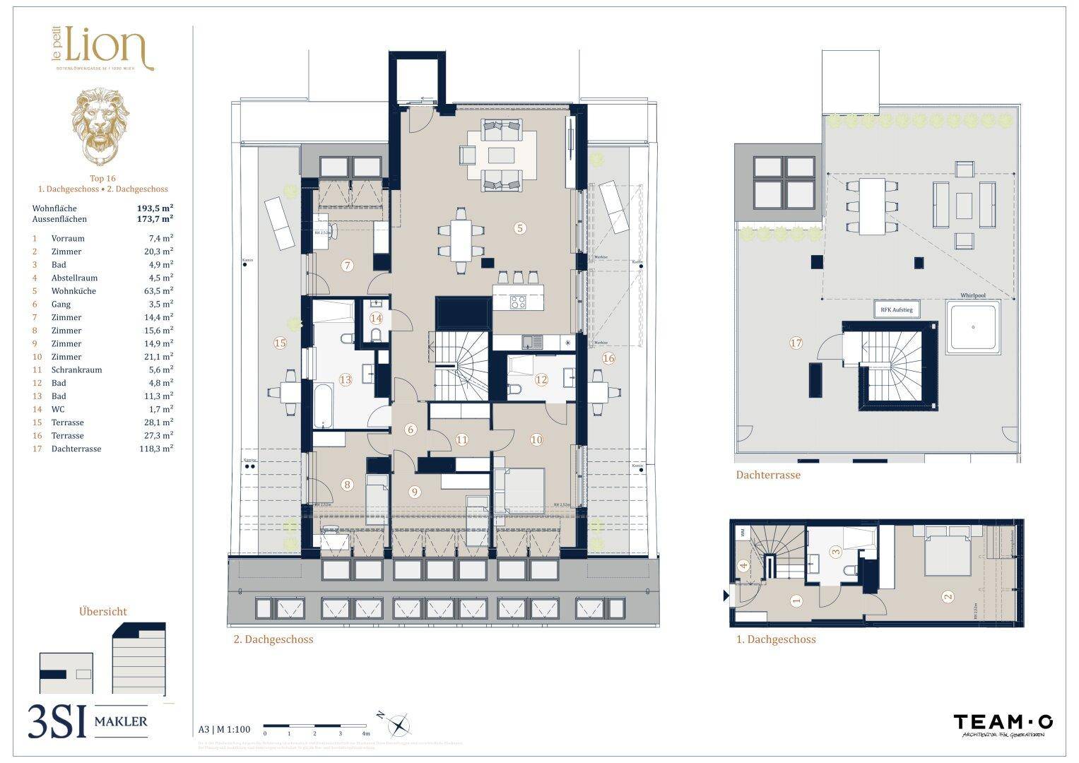 Grundriss einer modernen Maisonette-Wohnung über zwei Ebenen mit offener Wohnküche, mehreren Terrassen und einer großen Dachterrasse mit Whirlpool.