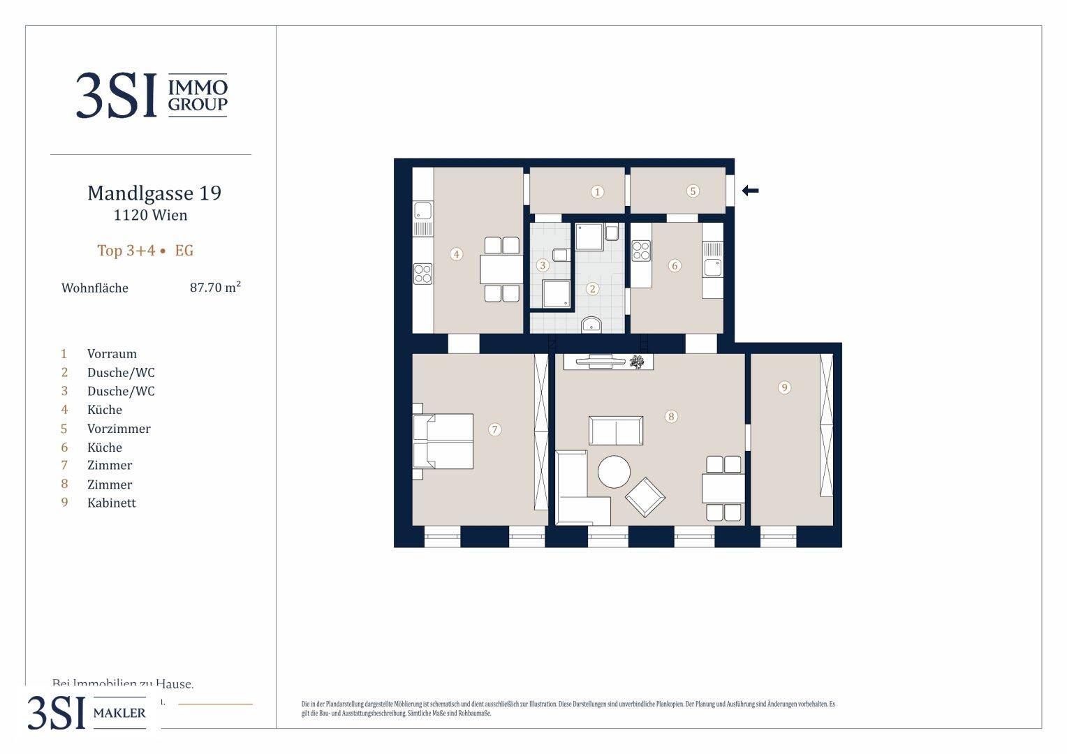 Grundrissplan einer Wohnung mit zwei Küchen, zwei Duschbädern und mehreren Zimmern, die viel Tageslicht erhalten.