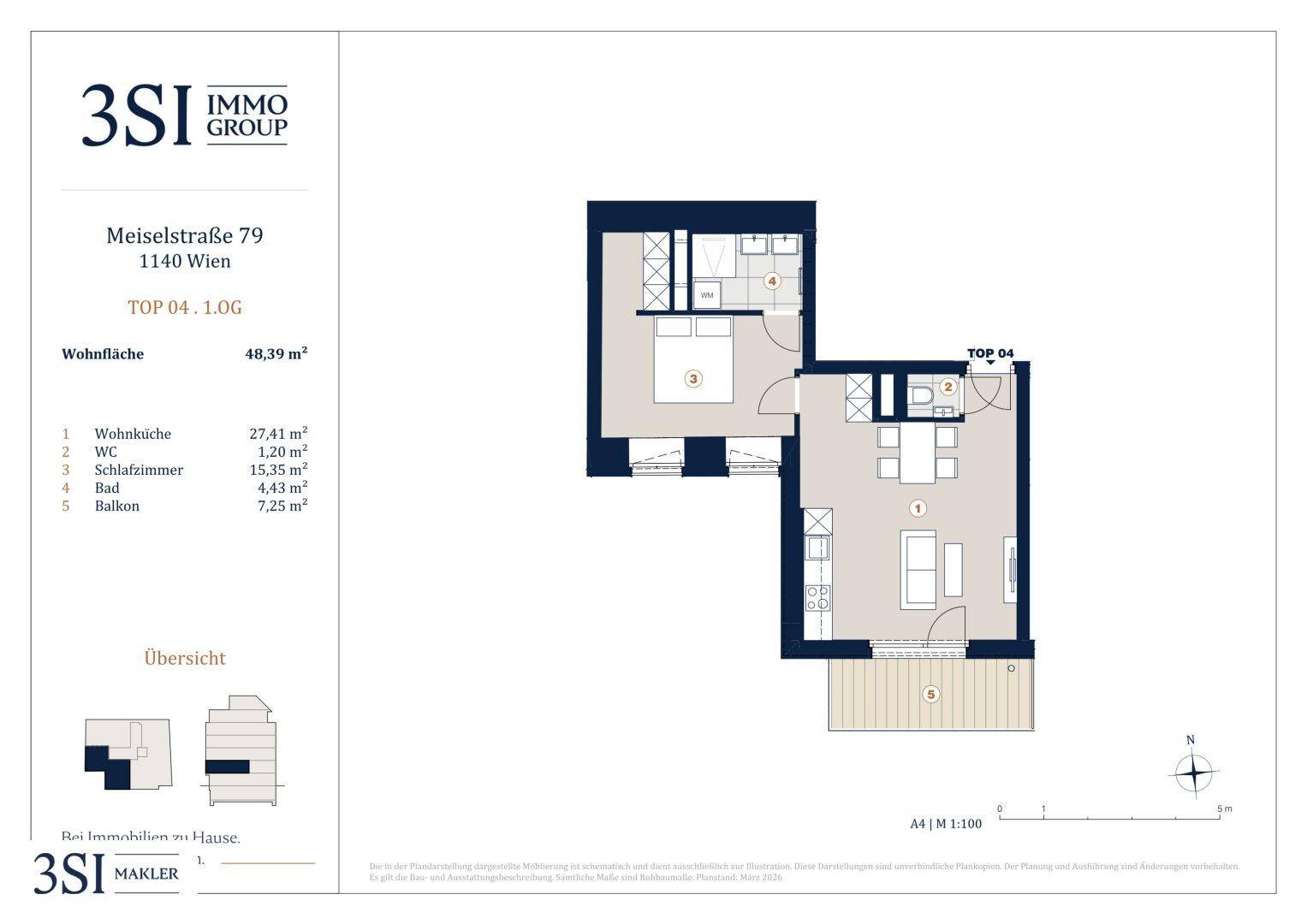 Grundriss einer Wohnung mit zwei Zimmern, Bad, WC und Balkon.