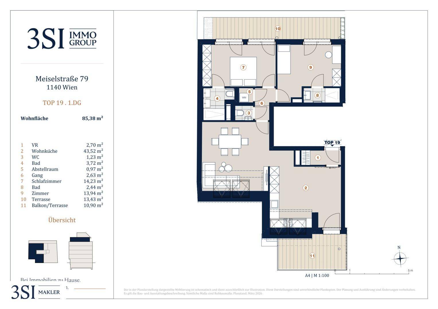 Grundriss einer modernen Wohnung mit offenem Wohnbereich, zwei Bädern, separatem WC, Abstellraum, Terrasse und Balkon.