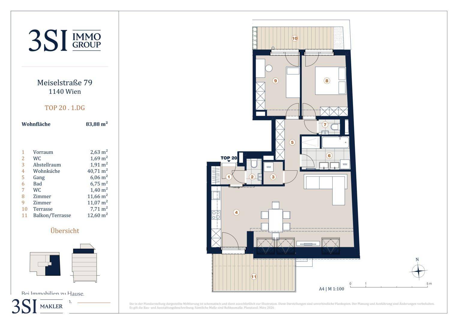 Grundriss einer Wohnung mit offener Wohnküche, zwei Schlafzimmern, einem Bad und zwei Terrassen.