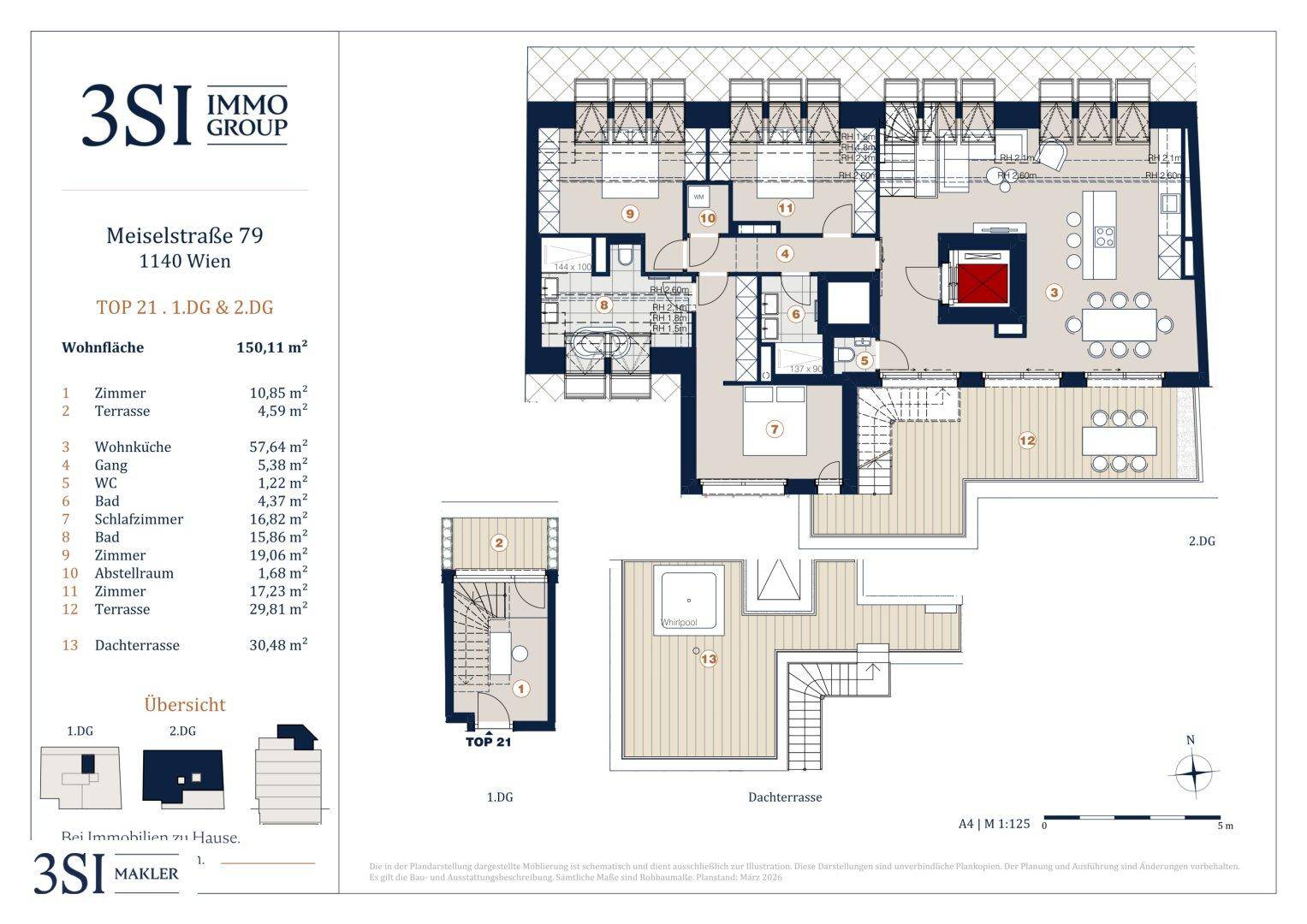 Detaillierter Grundriss einer Maisonette-Wohnung über mehrere Ebenen mit Dachterrasse und Whirlpool.