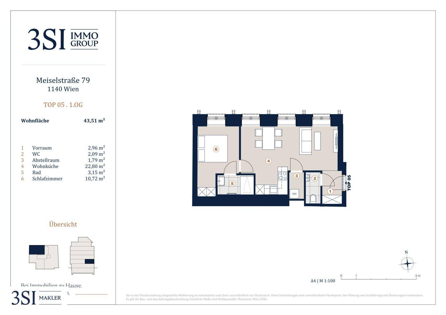 Grundriss der Wohnung TOP 05 im Obergeschoss mit offener Wohnküche, Schlafzimmer und Abstellraum.