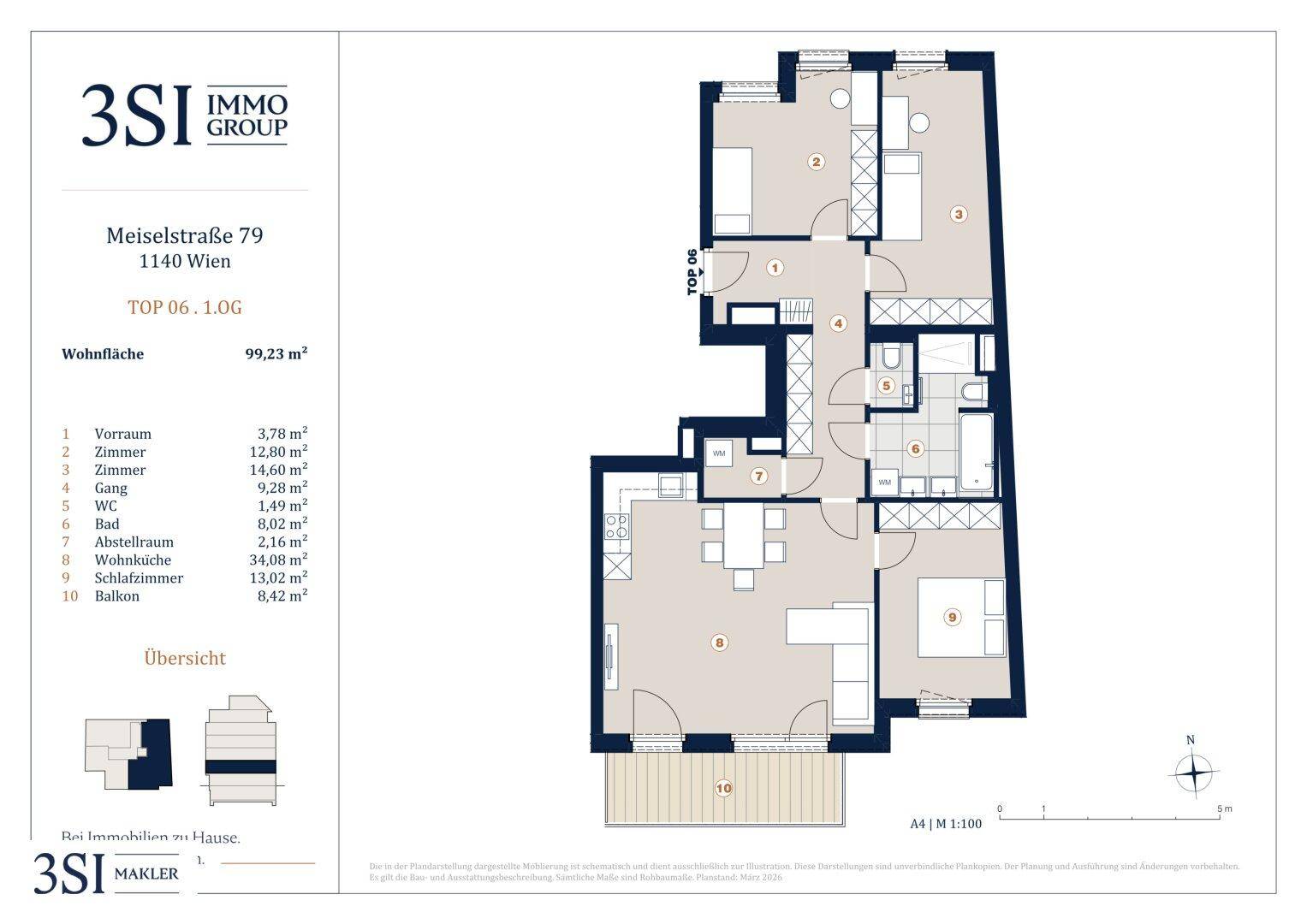 Grundriss der Wohnung TOP 06 im Obergeschoss mit drei Zimmern, Wohnküche, Bad und Balkon.