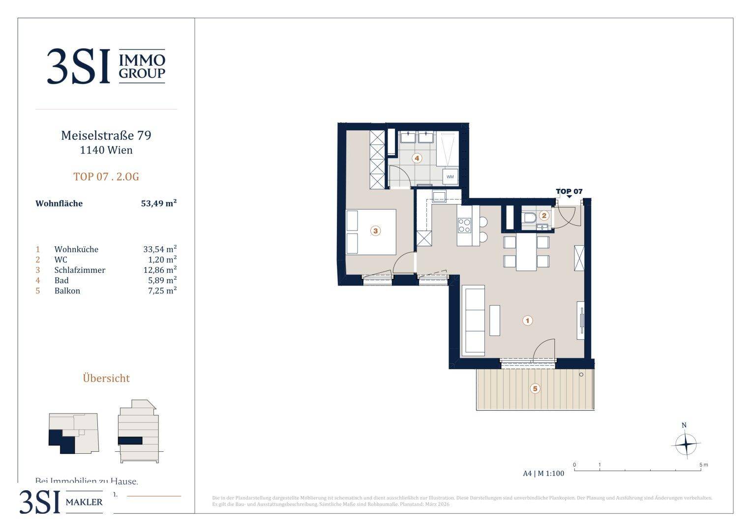 Grundriss der Wohnung TOP 07 im Obergeschoss mit Wohnküche, Schlafzimmer und Balkon.