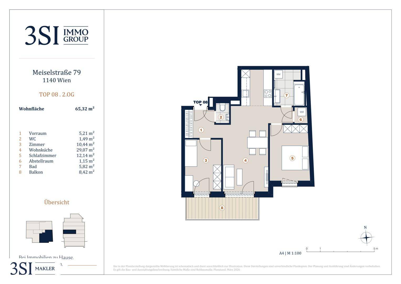Grundriss der Wohnung TOP 08 im Obergeschoss mit zwei Zimmern, Wohnküche, Bad und Balkon.