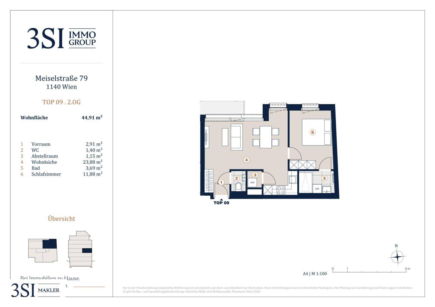 Grundriss der Wohnung TOP 09 im Obergeschoss mit offener Wohnküche, Schlafzimmer und Abstellraum.