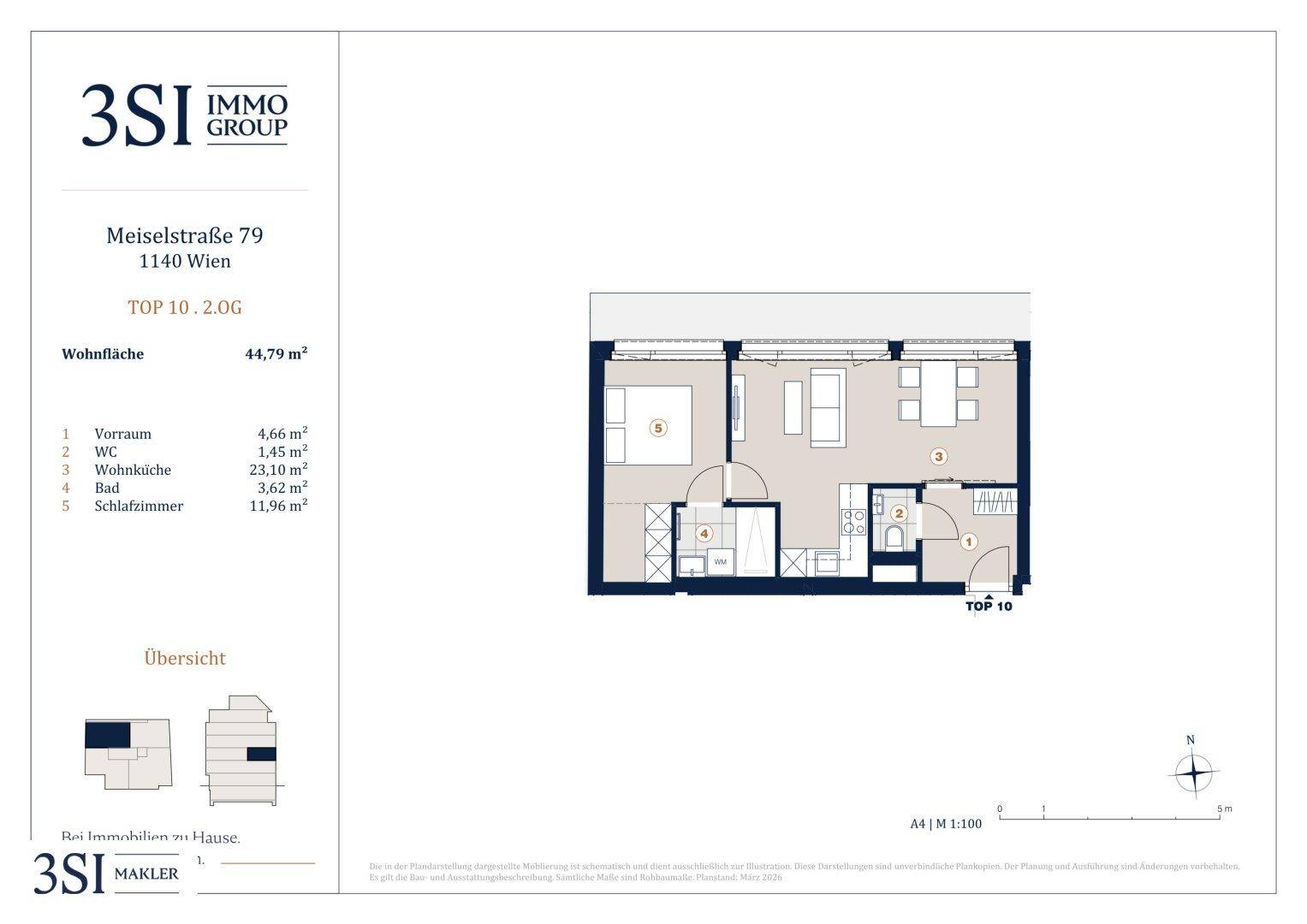 Grundriss der Wohnung TOP 10 im Obergeschoss mit Wohnküche, Schlafzimmer und Bad.
