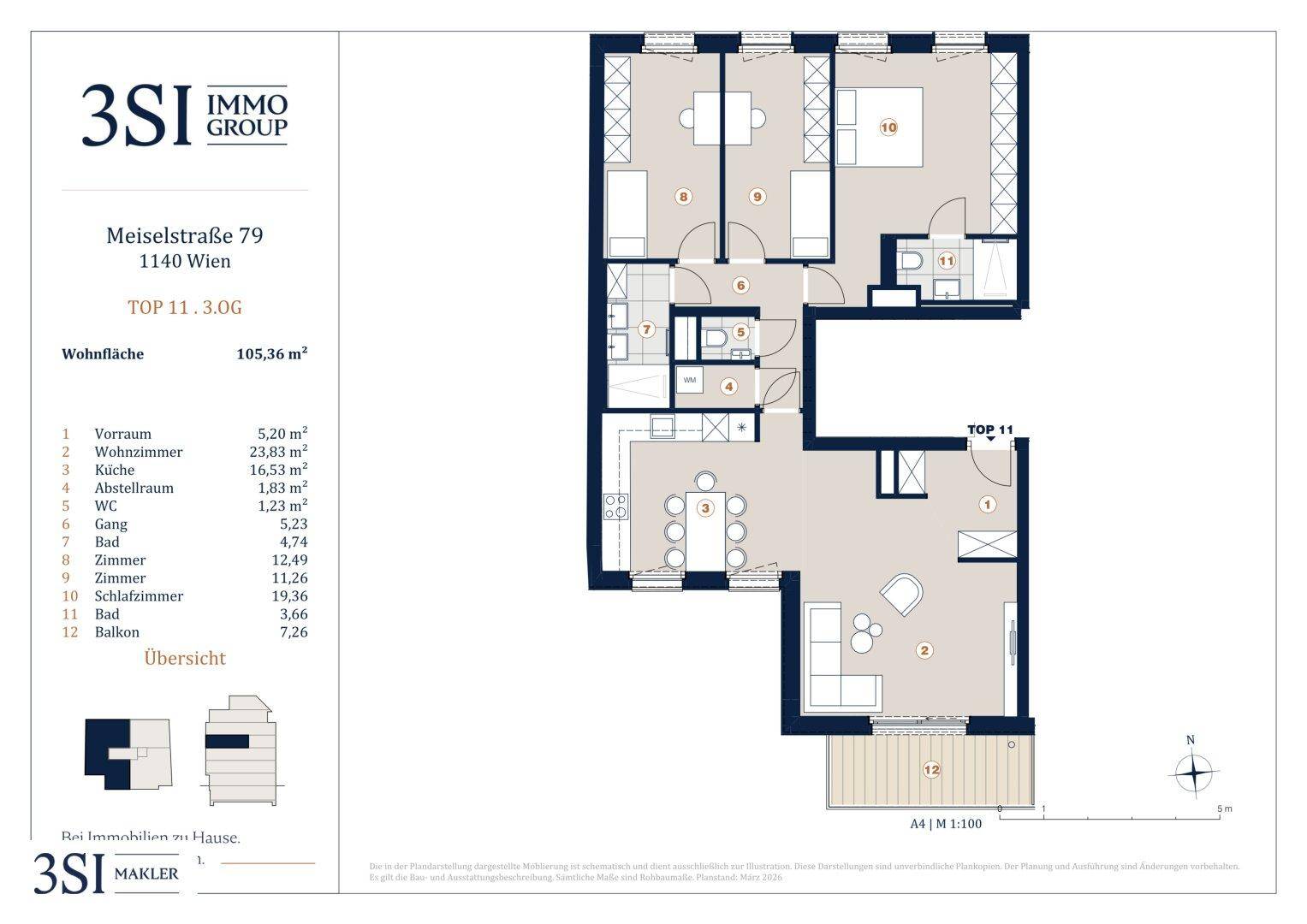 Grundriss der Wohnung TOP 11 im Obergeschoss mit drei Zimmern, Wohnküche, Bad und Balkon.
