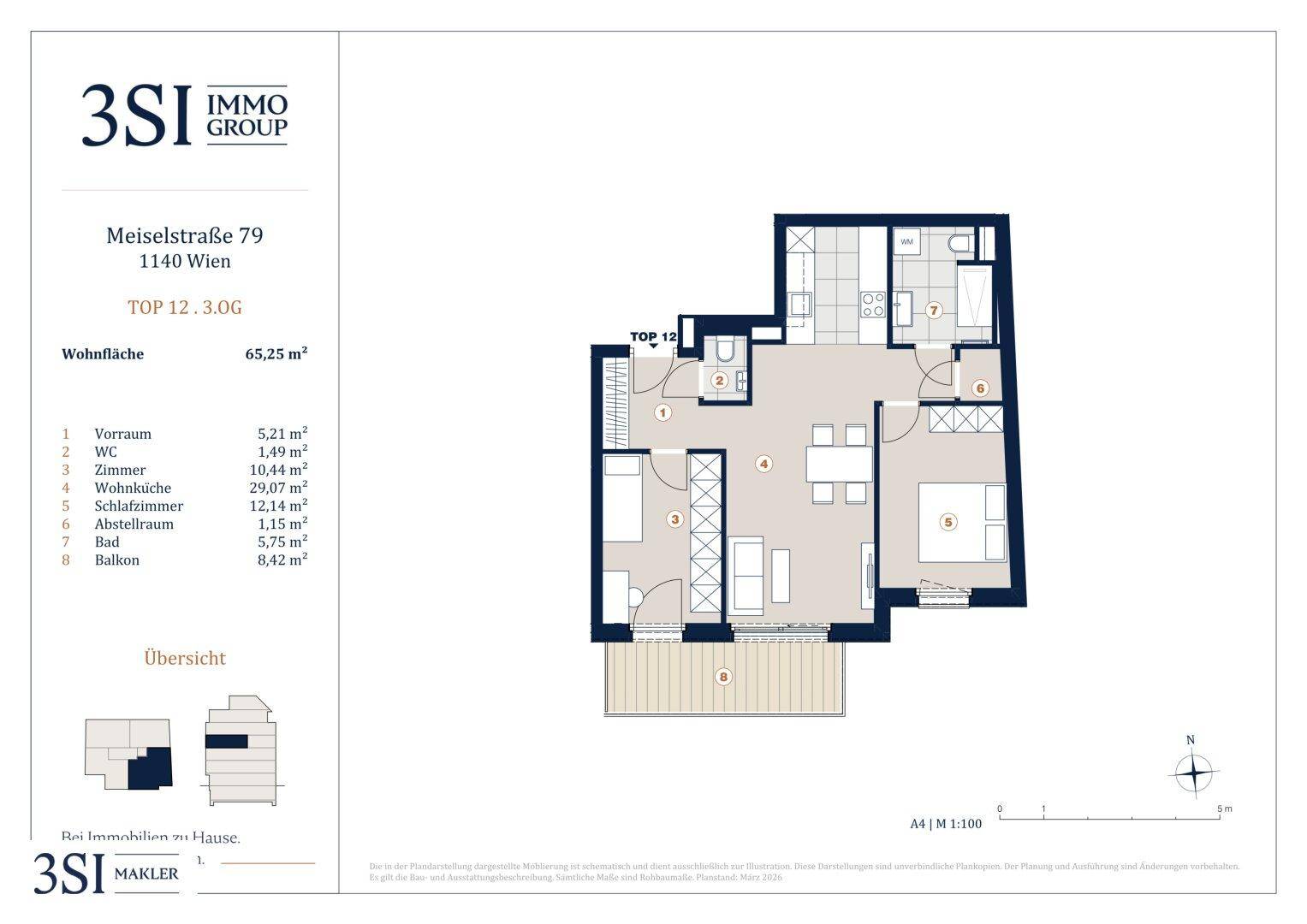 Grundriss der Wohnung TOP 12 im Obergeschoss mit zwei Zimmern, Wohnküche, Bad und Balkon.
