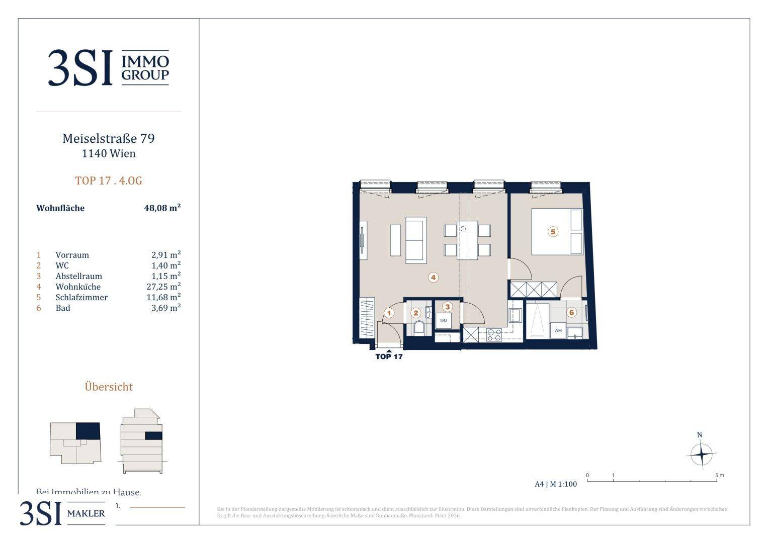 Grundriss der Wohnung TOP 17 im Obergeschoss mit offener Wohnküche, Schlafzimmer und Abstellraum.