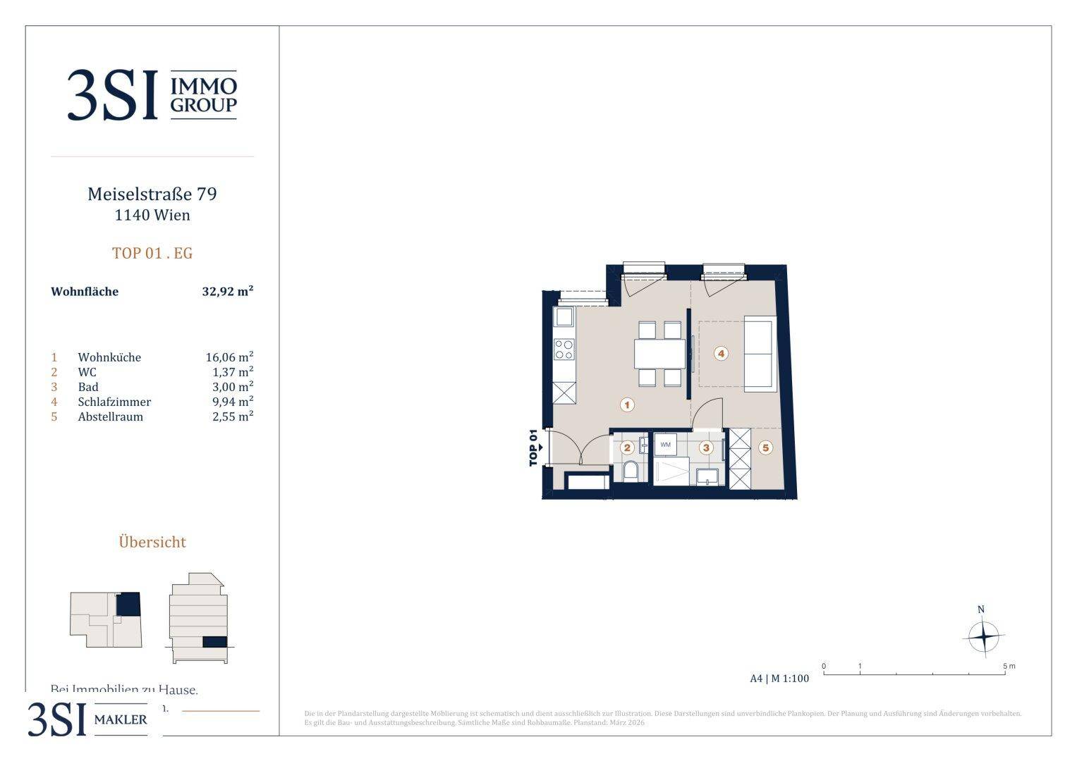 Grundriss der Wohnung TOP 01 im Erdgeschoss mit offener Wohnküche, Schlafzimmer und Abstellraum.