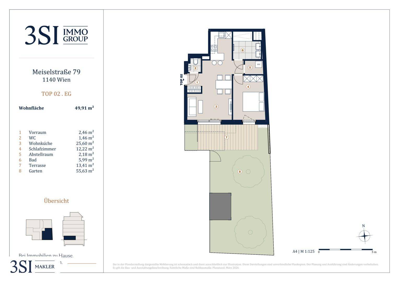 Grundriss der Wohnung TOP 02 im Erdgeschoss mit großer Terrasse und privatem Gartenanteil.