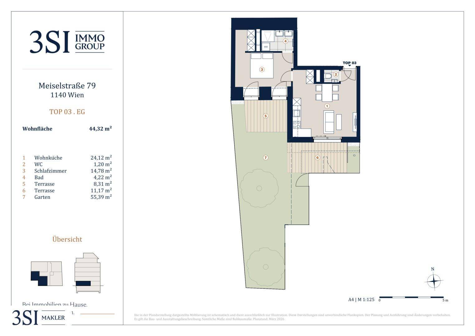 Grundriss der Wohnung TOP 03 im Erdgeschoss mit zwei Terrassen und großem Gartenbereich.