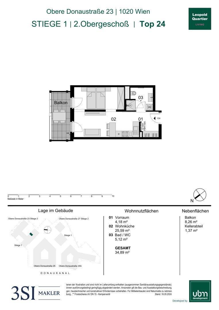 Grundriss einer Wohnung im 2. Obergeschoss mit Balkon und einer Gesamtfläche von 34,89 m².