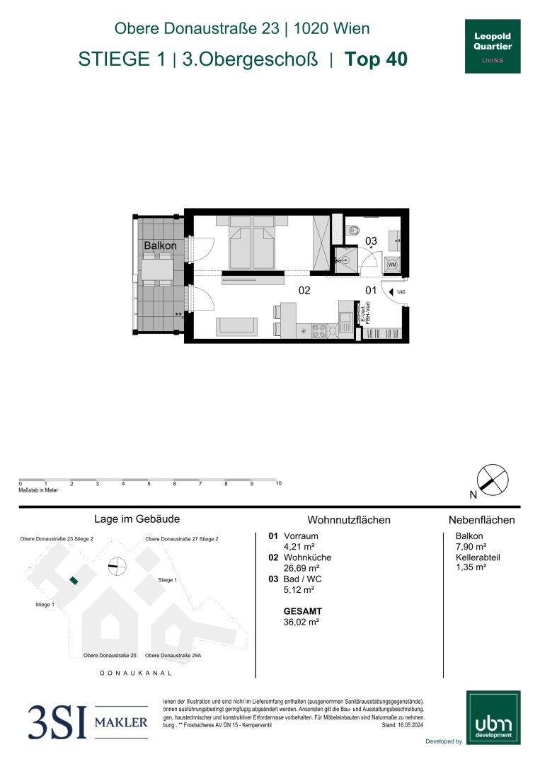 Grundriss einer Wohnung mit einem Schlafzimmer, Bad, Wohnküche und Balkon.