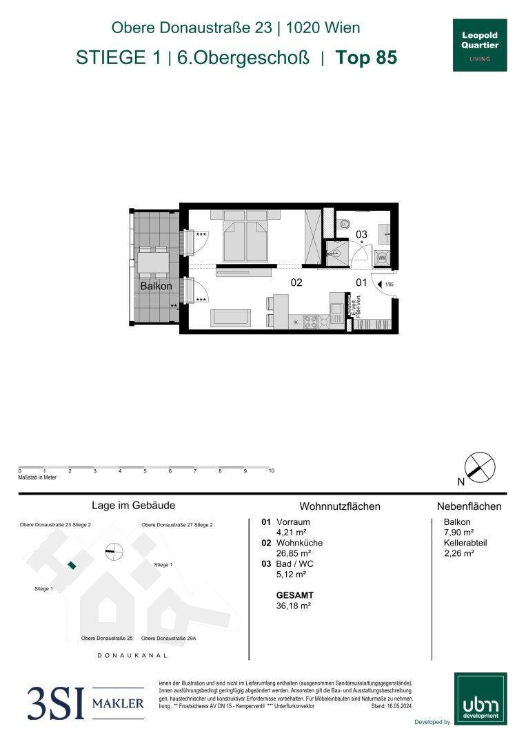 Grundriss einer Wohnung mit Balkon, Schlafzimmer und offenem Wohnbereich, inklusive Maßen.