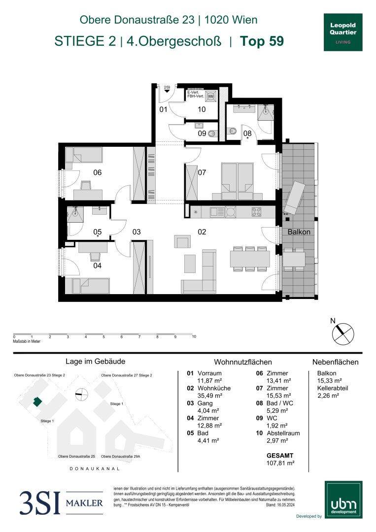 Grundriss der Wohnung mit offenem Wohnbereich, mehreren Zimmern und einem Balkon.