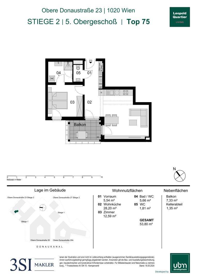 Grundriss einer Wohnung im 5. Obergeschoss mit Balkon und klarer Raumaufteilung.