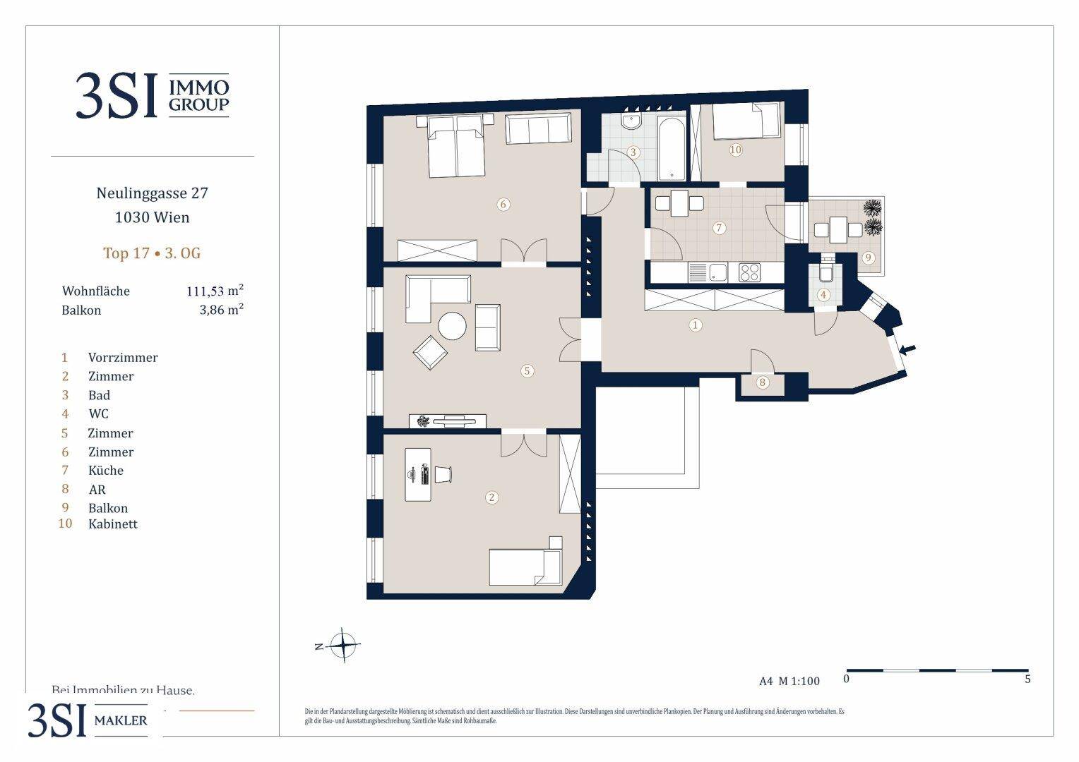 Grundriss einer Wohnung mit Balkon, mehreren Zimmern, Bad, Gäste-WC und Abstellraum.