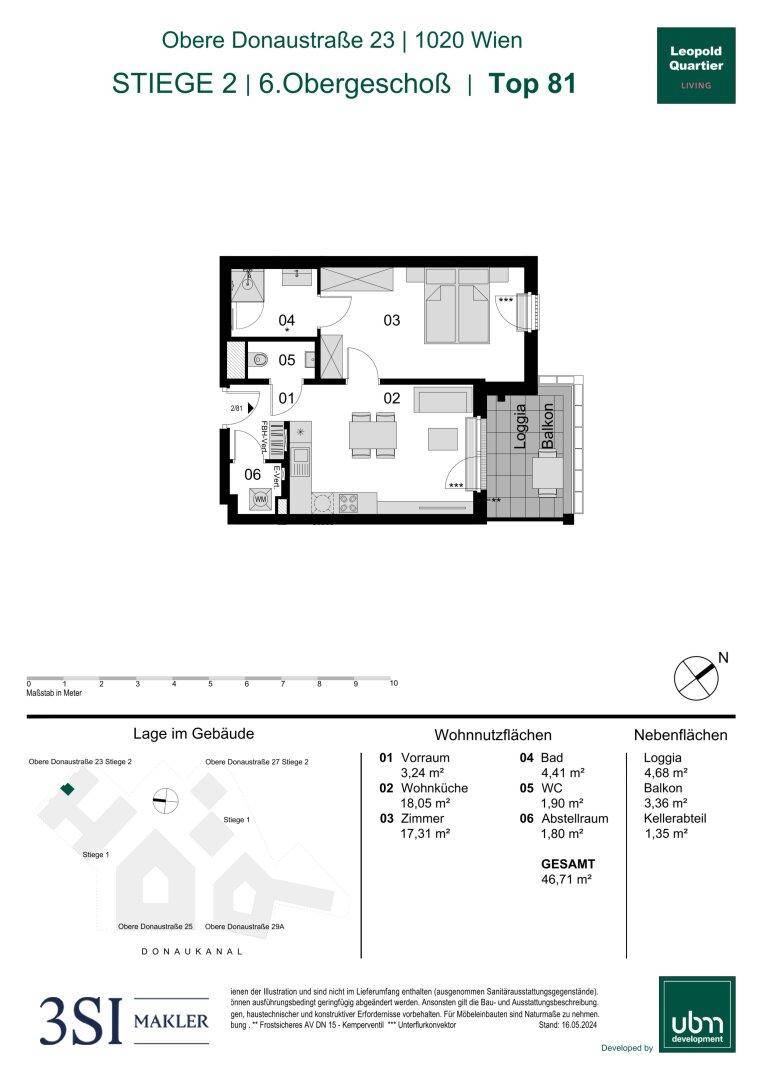 Grundriss einer Wohnung im 6. Obergeschoss mit Loggia und separatem WC.