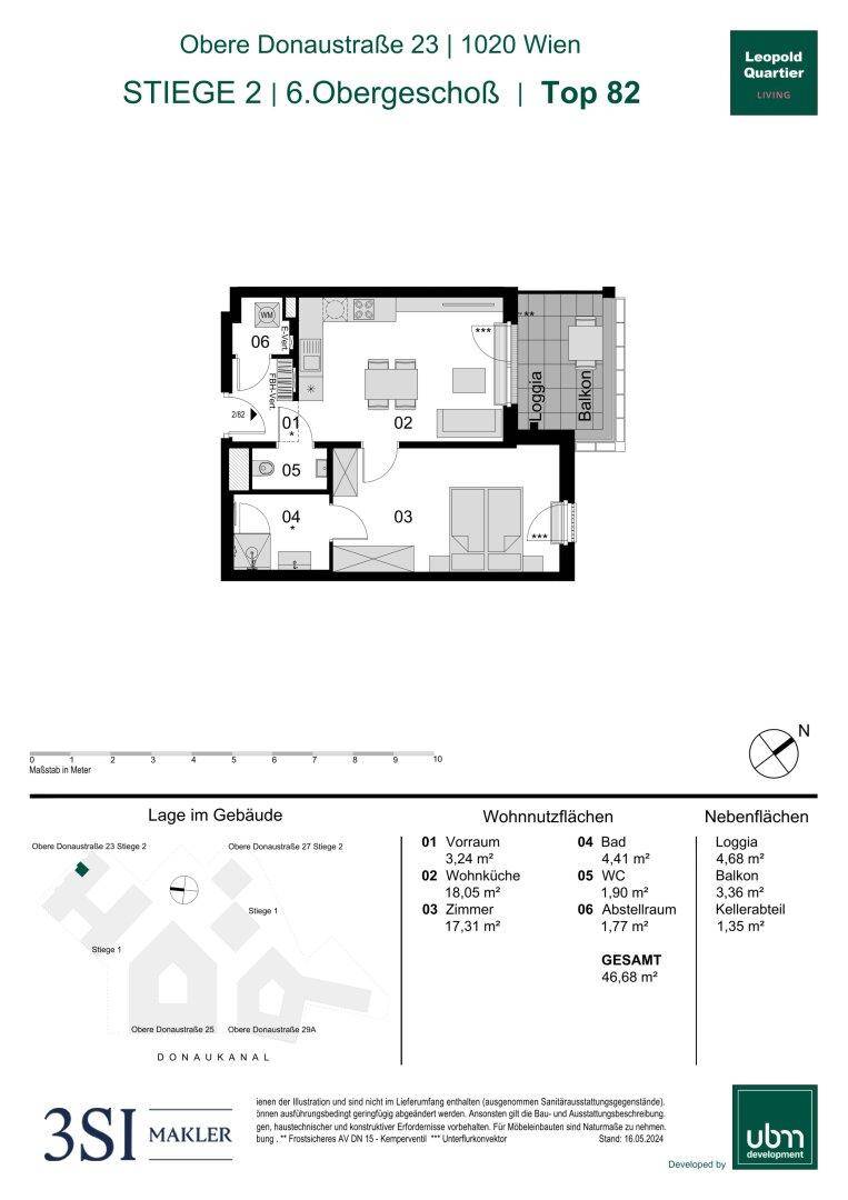 Grundriss einer Wohnung mit Loggia und Balkon, zeigt die Raumaufteilung und Flächen.
