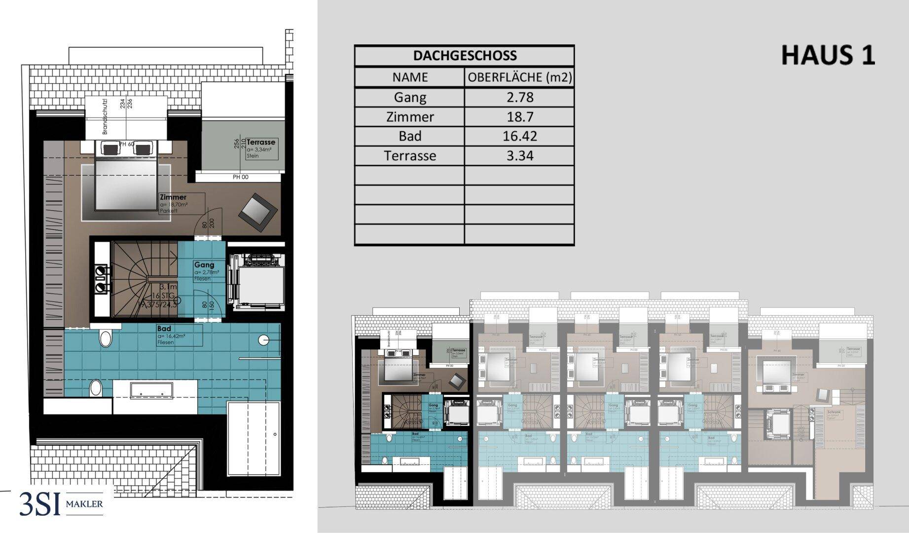 Grundriss des Dachgeschosses mit Zimmer, Bad und Terrasse.