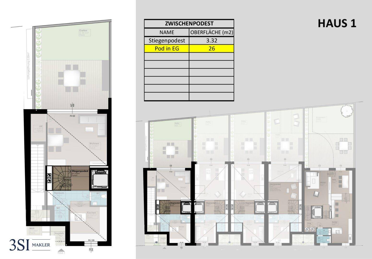 Grundriss des Zwischenpodests mit Treppenhaus und Zugang zu den Wohneinheiten.
