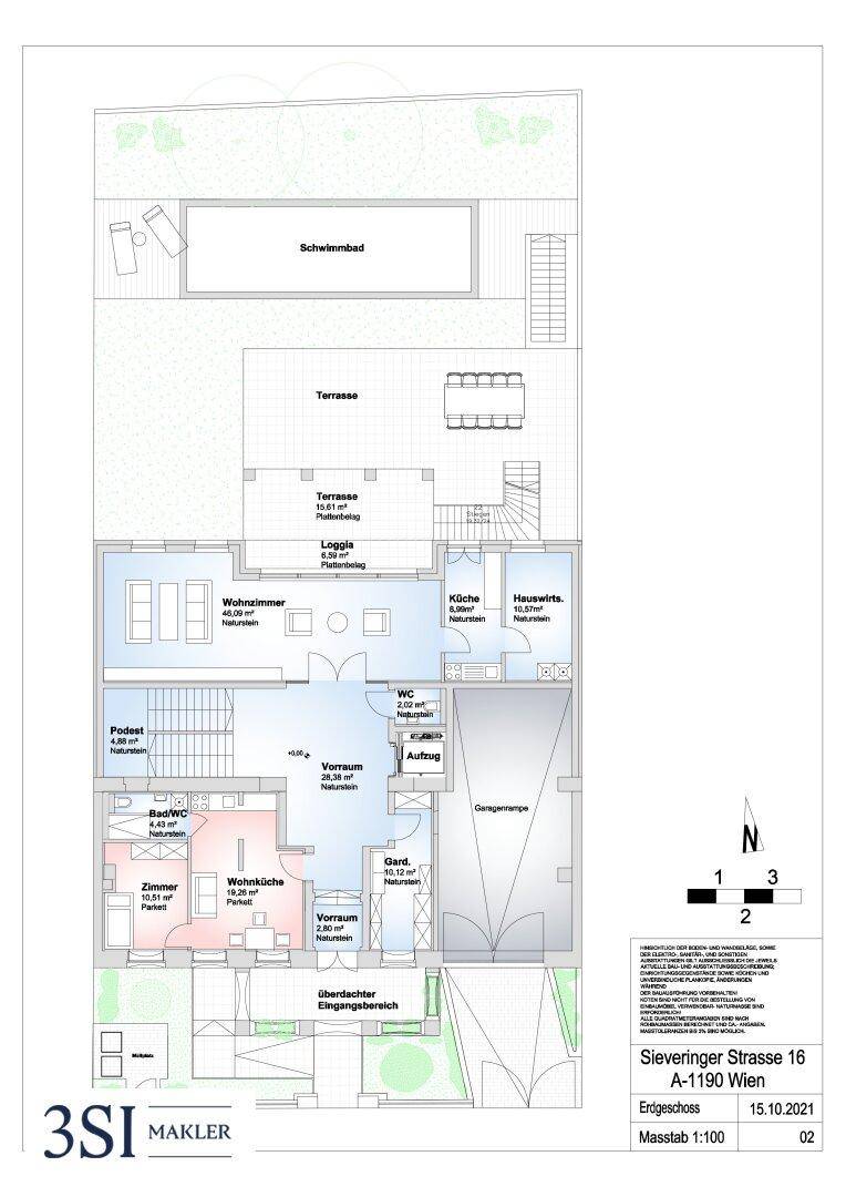 Grundriss des Erdgeschosses mit Wohnzimmer, Küche, Terrasse und Poolbereich.