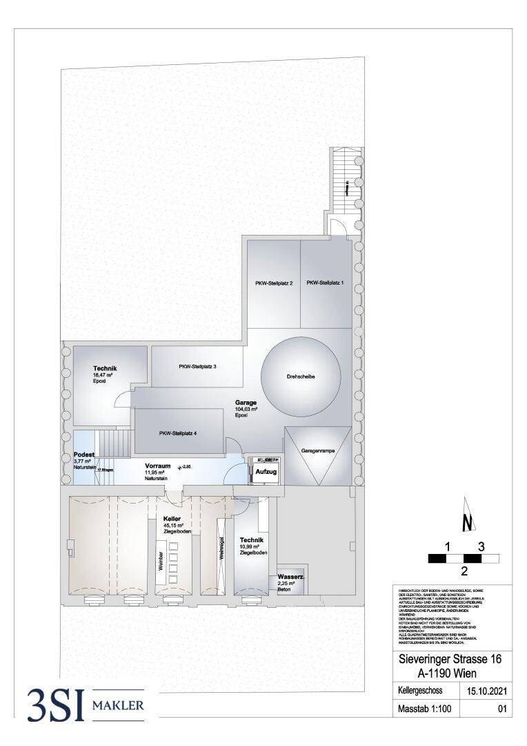 Grundriss des Kellergeschosses mit Garage, Technikräumen und Abstellflächen.