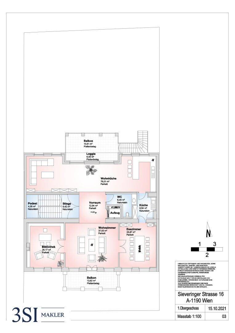 Grundriss des ersten Obergeschosses mit Wohnküche, Wohnzimmer, Esszimmer und Balkonen.