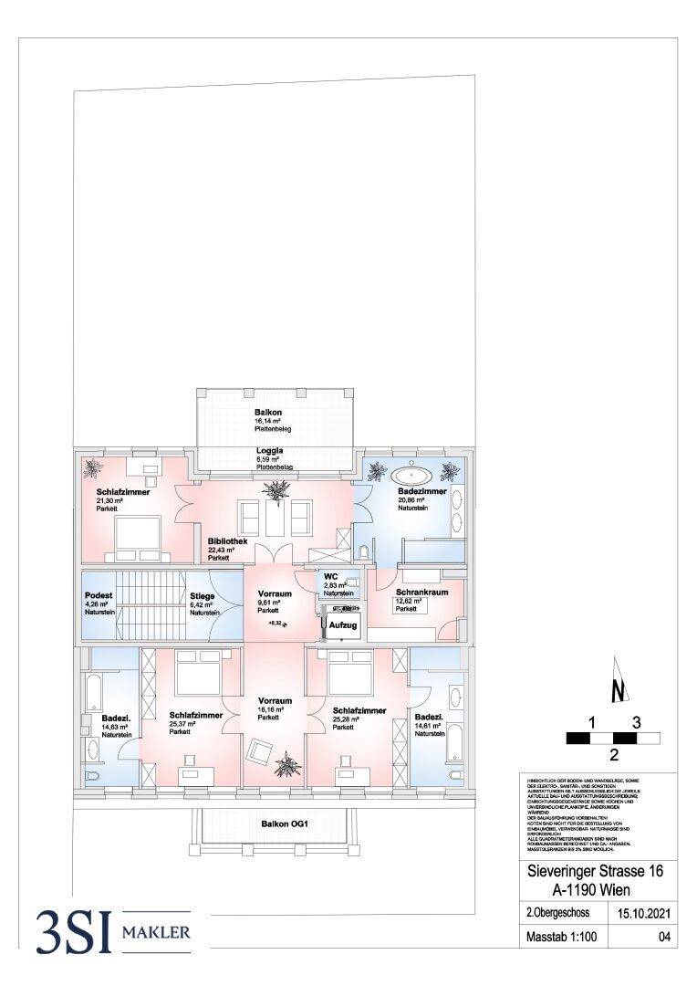 Grundriss des zweiten Obergeschosses mit Schlafzimmern, Bädern und Balkonen.
