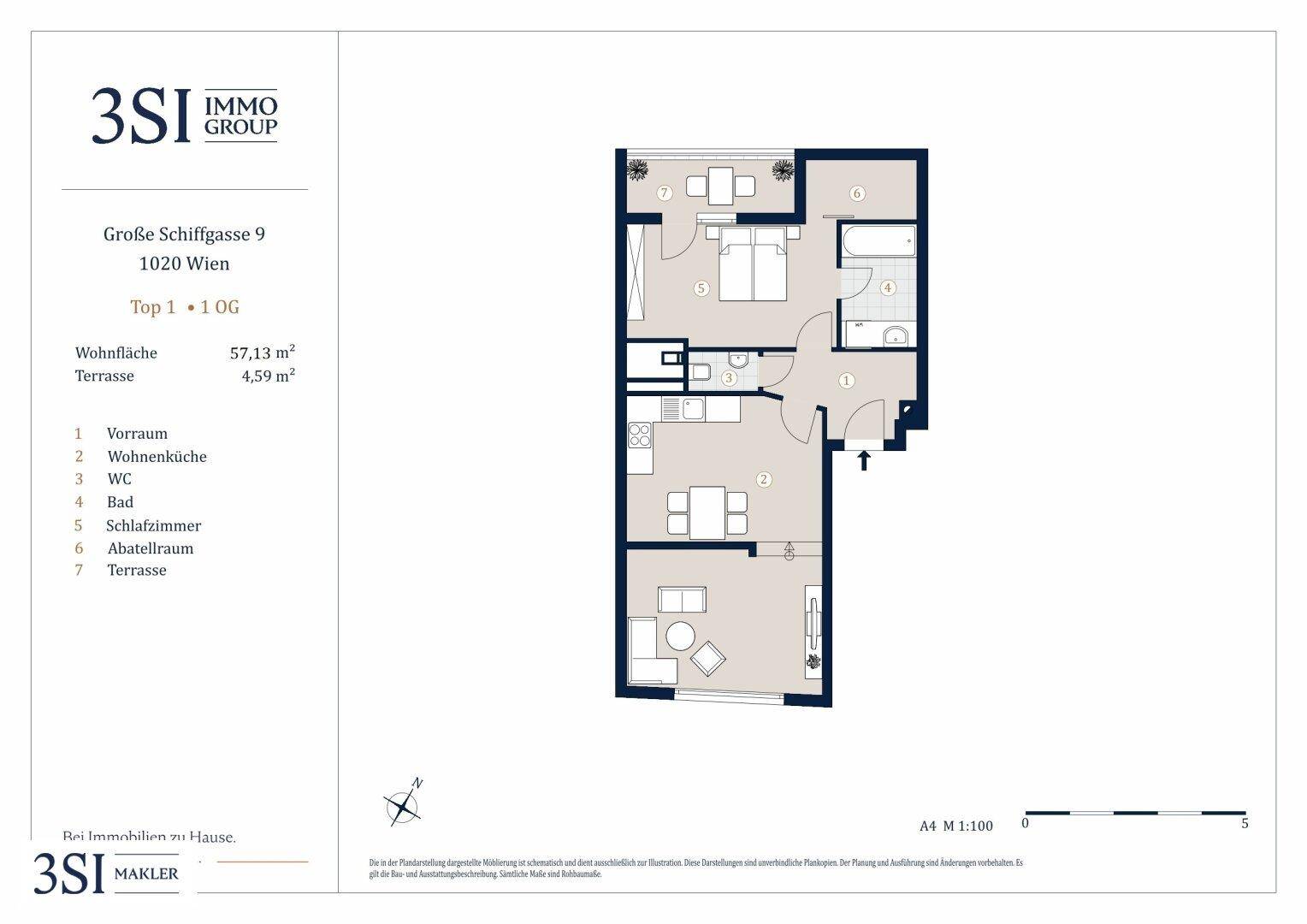 Grundriss einer Wohnung mit offenem Wohn- und Küchenbereich, einem Schlafzimmer, Bad und Terrasse.