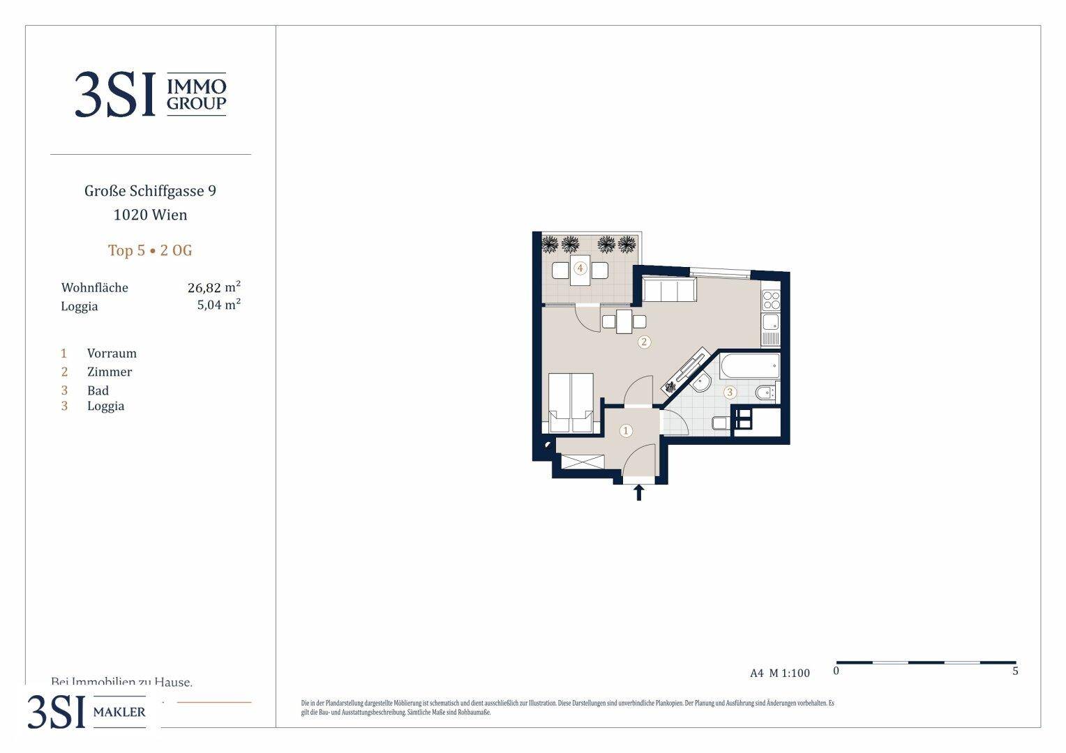 Grundriss einer kompakten Wohnung mit Wohn-/Schlafbereich, separatem Bad, Küchenzeile und Loggia.