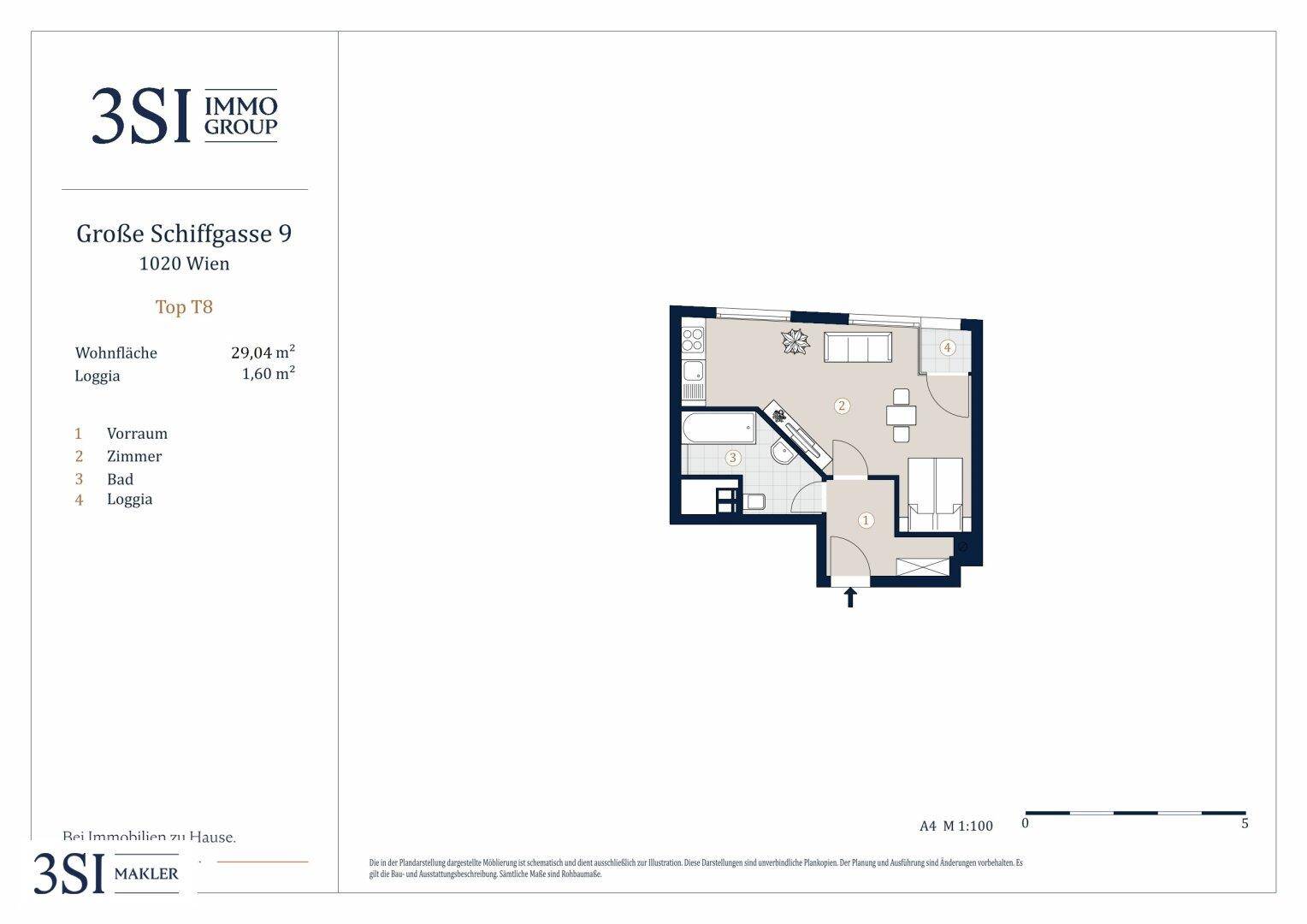 Grundriss einer kompakten Wohnung mit offenem Wohn-/Schlafbereich, integrierter Kochnische, Bad und Loggia.