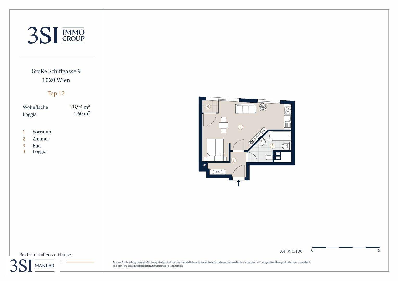 Kompakter Grundriss einer Wohnung mit offenem Wohnbereich, integrierter Küche, Bad und Loggia.
