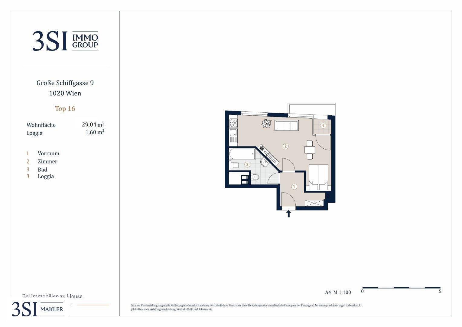 Grundriss der Wohnung Top 16 mit 29,04 m² Wohnfläche und einer 1,60 m² großen Loggia.