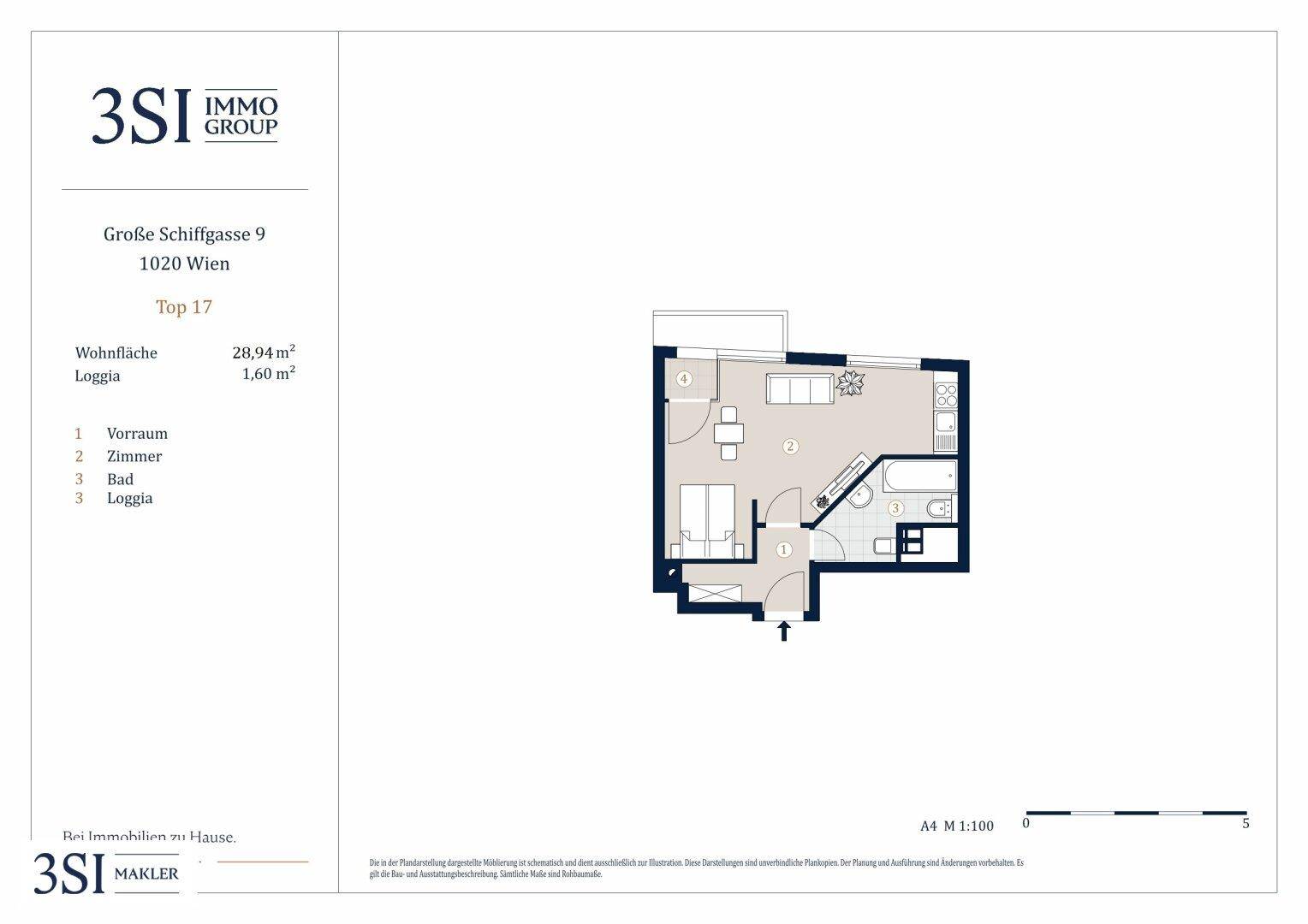 Grundriss einer kleinen Wohnung mit kombiniertem Wohn-/Schlafbereich, Bad und Loggia.