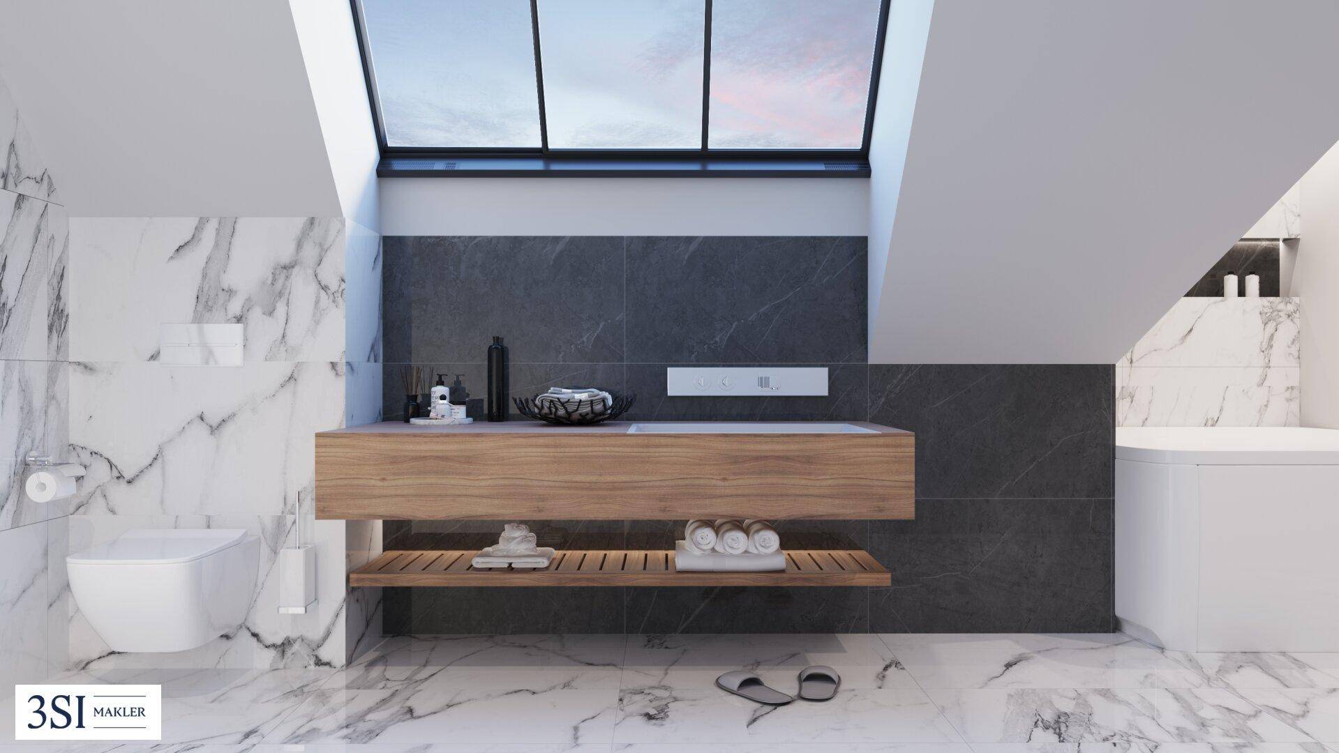 Modernes Badezimmer mit Marmorfliesen, Holzwaschtisch und großem Dachfenster.