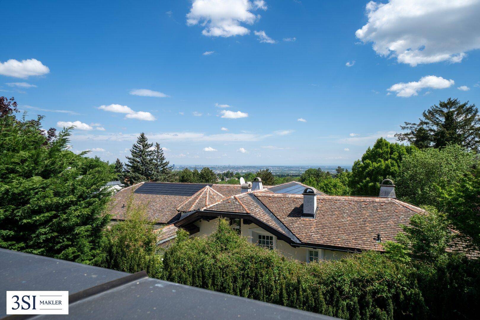 Weitläufiger Blick über die Dächer der Umgebung und die grüne Landschaft bis zum Horizont.