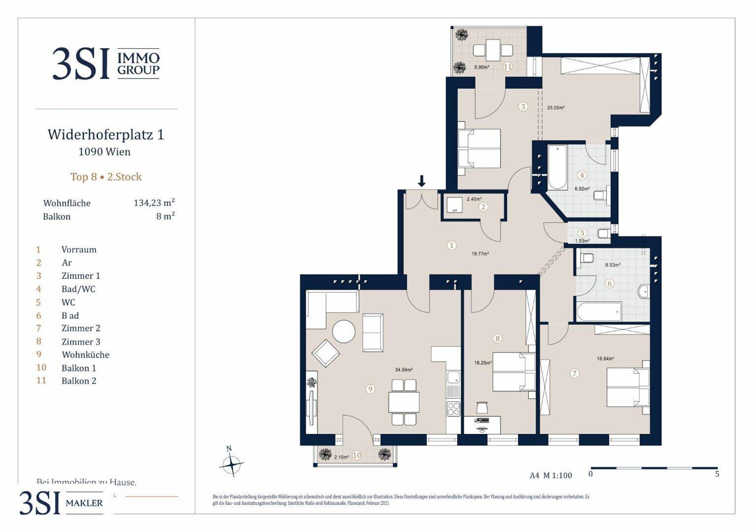 Grundriss einer Wohnung mit drei Schlafzimmern, zwei Bädern, separatem WC und offener Wohnküche sowie zwei Balkonen.