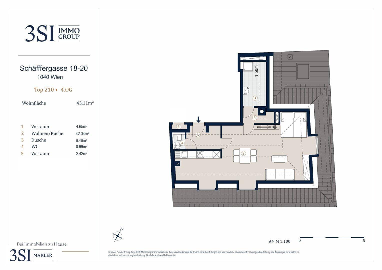 Grundriss einer Dachgeschosswohnung mit offenem Wohn-/Küchenbereich, separatem WC und kleinem Balkon.