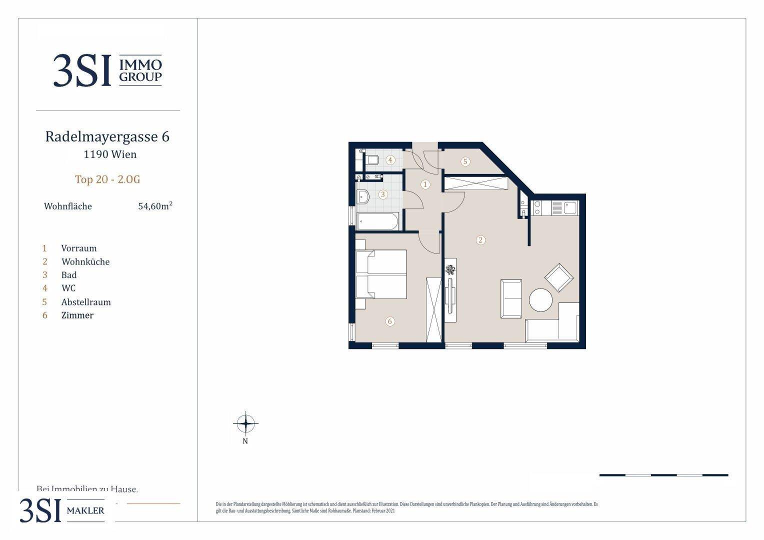 Grundriss der Wohnung Top 20 mit 54,60m² Wohnfläche und klarer Raumaufteilung.