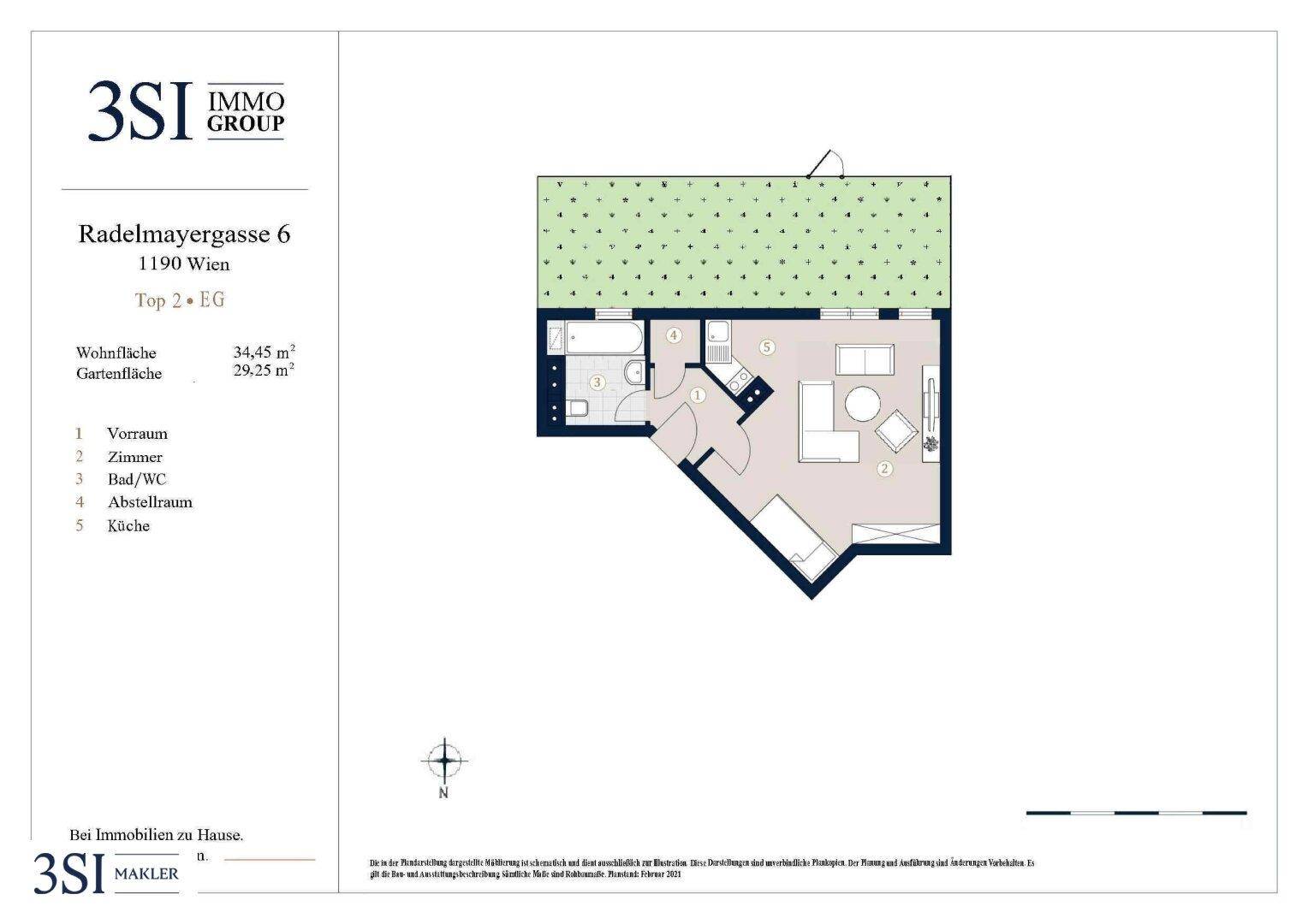 Grundriss der Wohnung Top 2 im Erdgeschoss mit Wohnbereich und Gartenfläche.