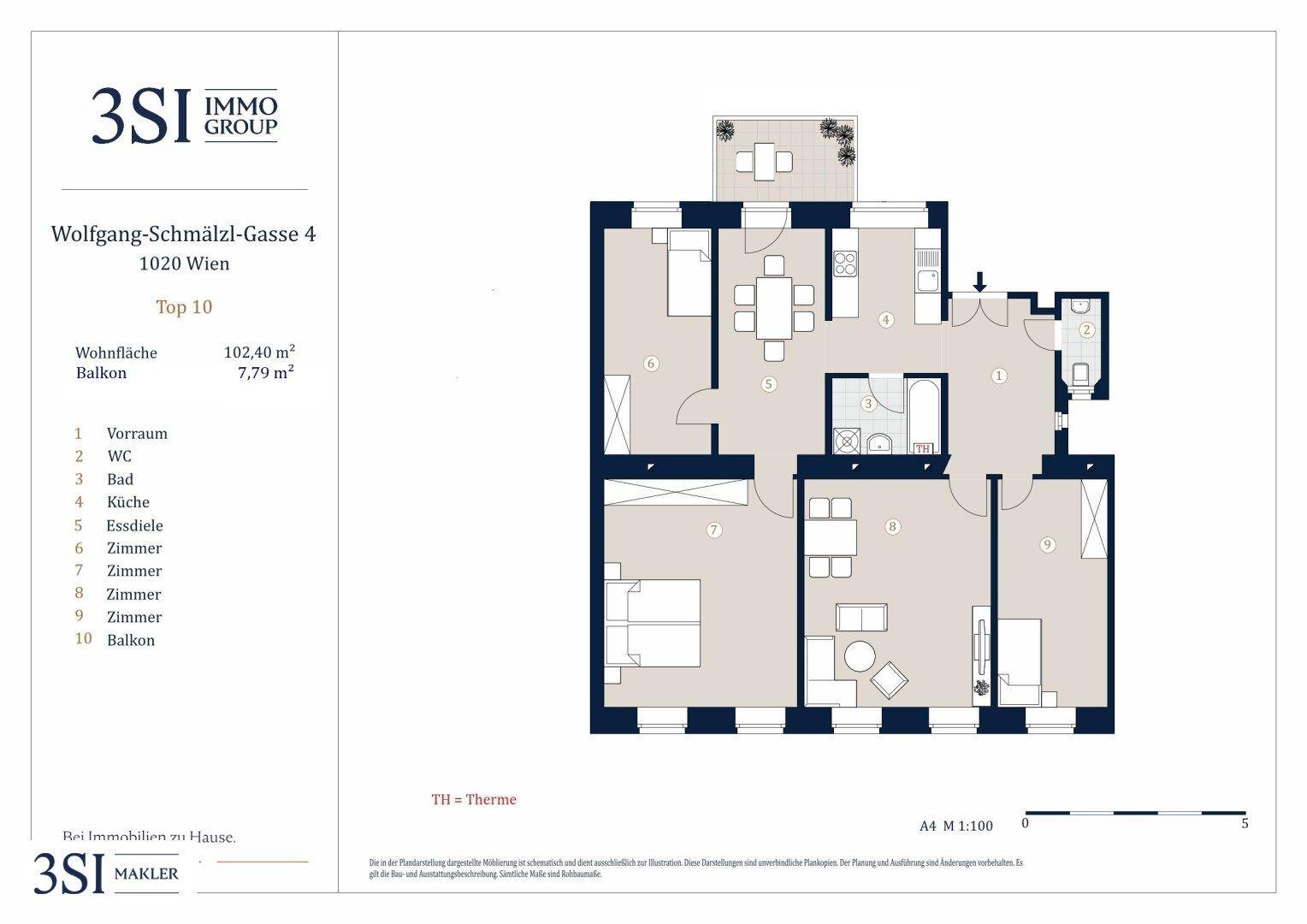 Grundrissplan einer Wohnung mit vier Zimmern, separater Küche, Bad, WC und Balkon.