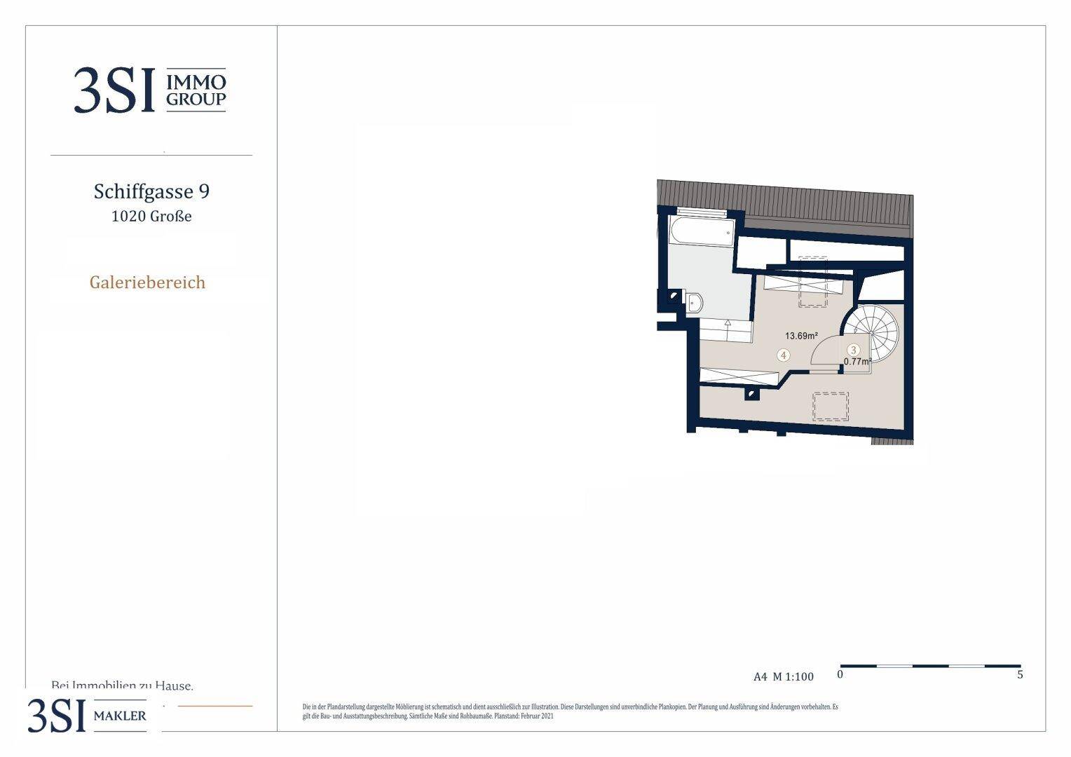 Grundriss des Galeriebereichs mit Badezimmer und Wendeltreppe.
