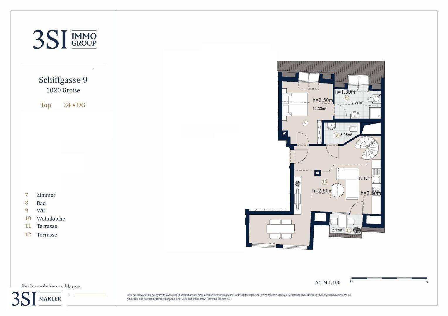 Detaillierter Grundriss der Wohnung mit mehreren Zimmern, Bad, WC und Terrasse.