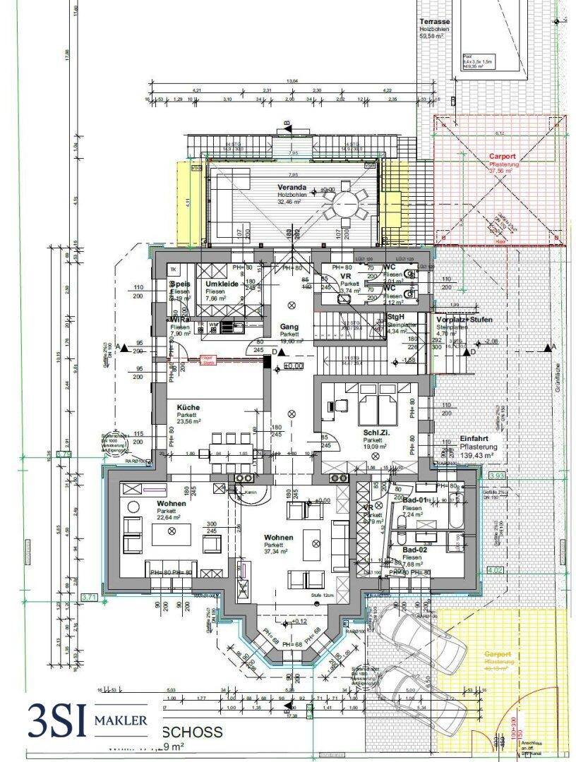 Detaillierter Grundriss des Erdgeschosses mit Wohnbereichen, Küche und Zugang zur Veranda.