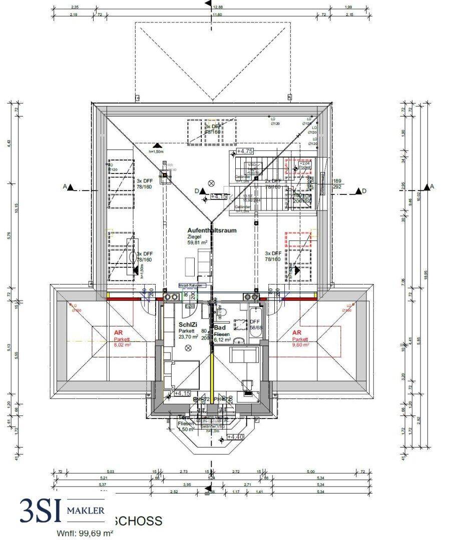 Grundriss des Obergeschosses mit Schlafzimmern, Bad und einem Aufenthaltsraum unter dem Dach.