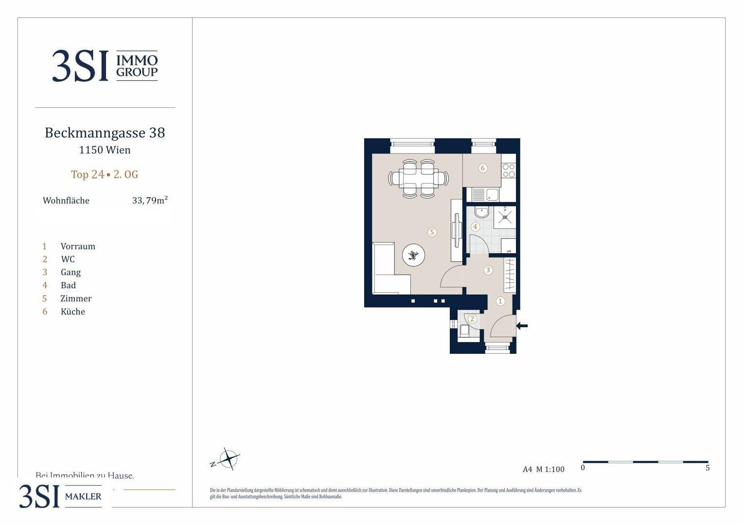 Grundriss einer Wohnung mit einem Zimmer, Bad, WC und offener Küche.